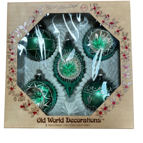 Vintage Christmas Tree ornaments green glass & silver glitter set of 5 in box - Picture 2 of 10